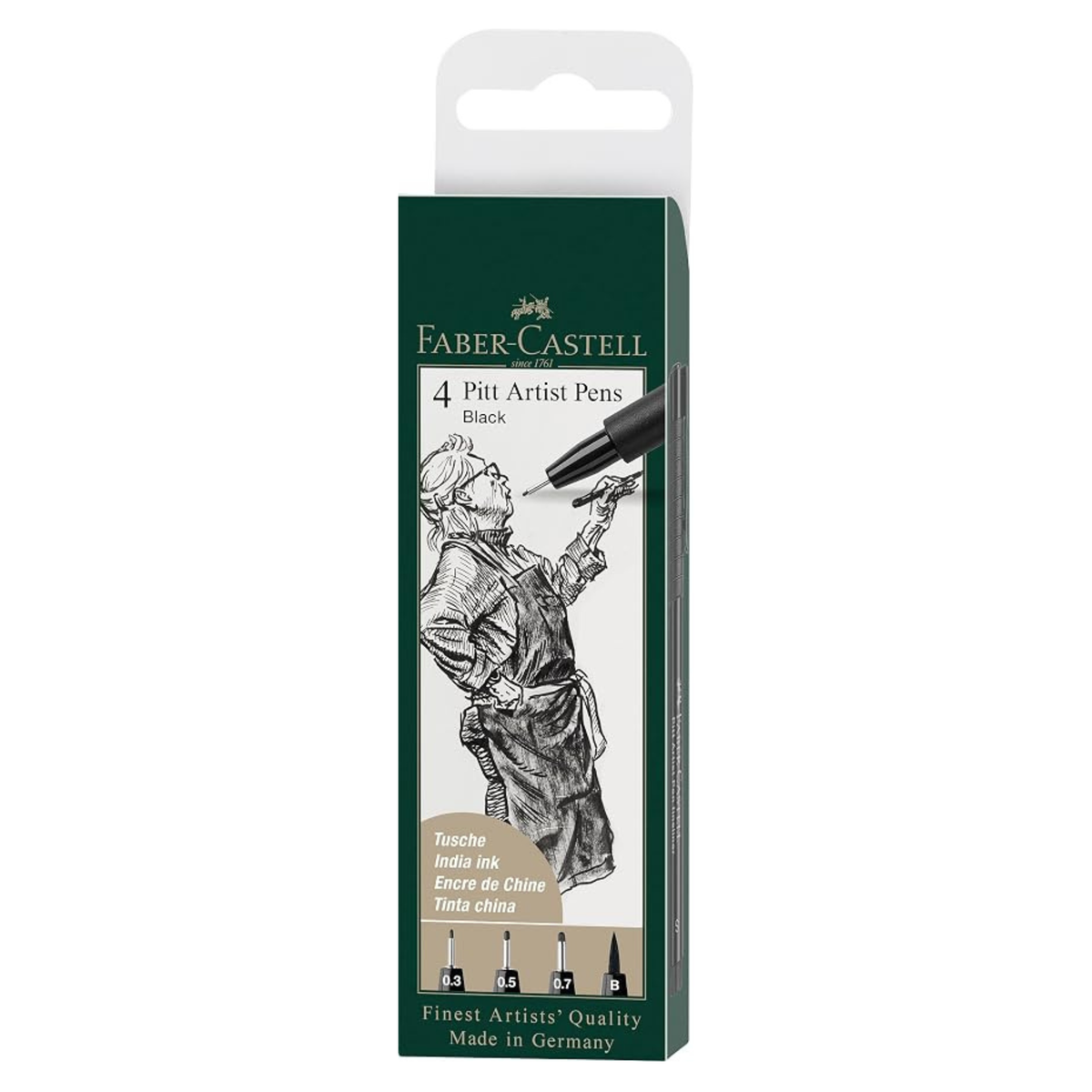 Faber-Castell Pitt Artist Pen, India Ink Black, Wallet of 4, Fine Line Tips