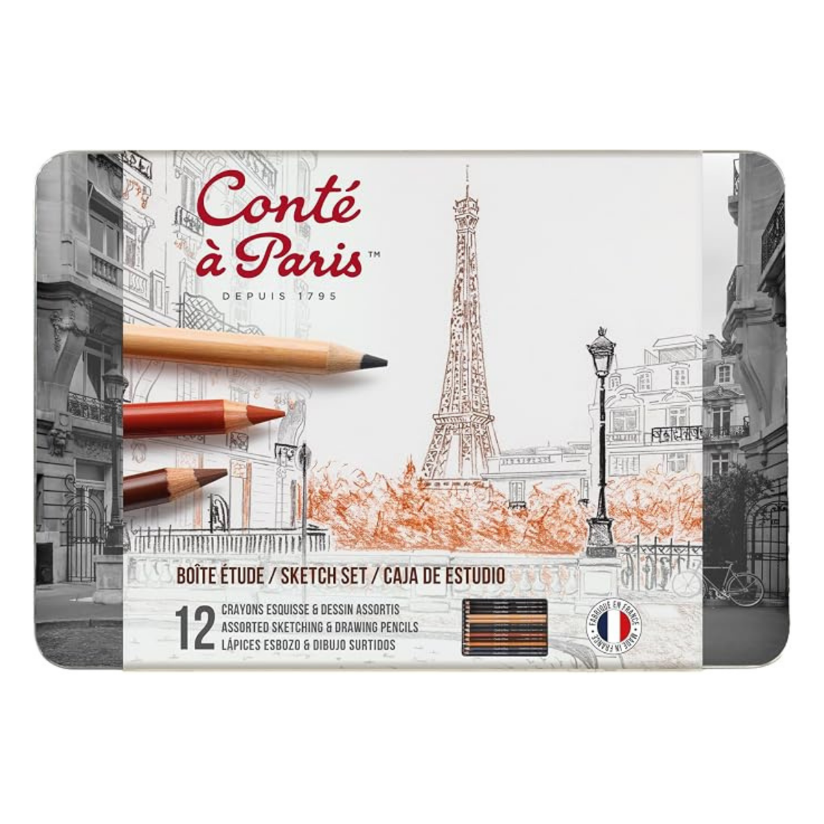 Conté à Paris Sketch Set, Assorted Sketching and Drawing Pencils in Tin, Set of 12