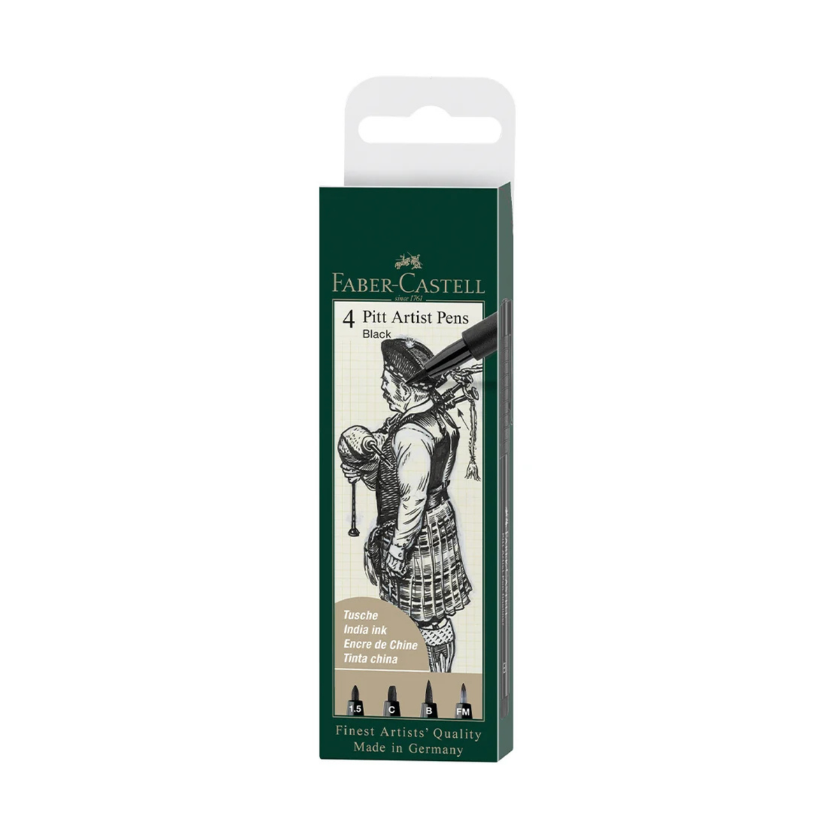 Faber-Castell Pitt Artist Pen, India Ink Black, Wallet of 4, Brush and Calligraphy Tips